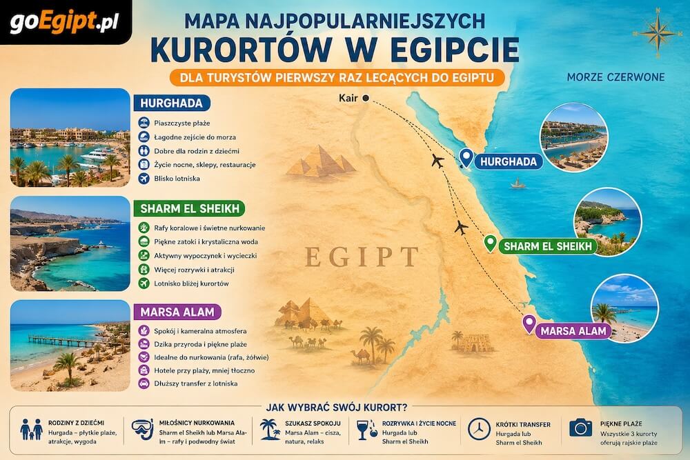 Mapa najpopularniejszych kurortów w Egipcie dla turystów pierwszy raz lecących do Egiptu