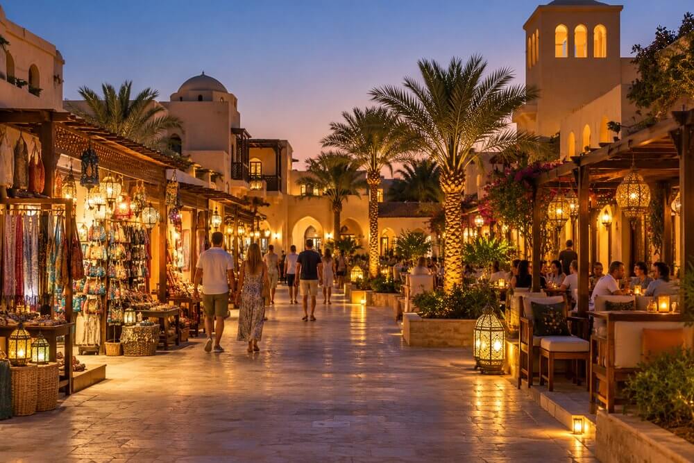 Madinat Coraya wieczorem – spacerowa infrastruktura kompleksu