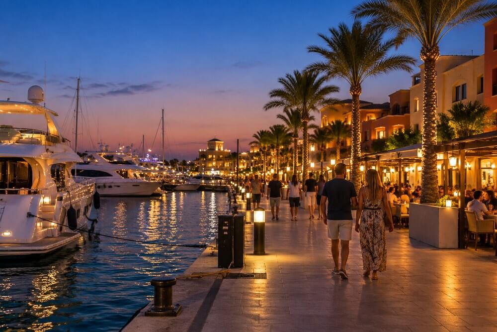 Wieczorny spacer przy jachtach w Hurghada Marina