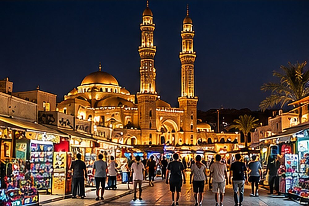 Podświetlony meczet Al Sahaba przy wieczornym Old Market