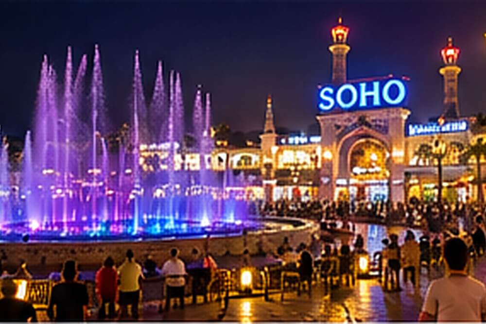 Kolorowa fontanna na SOHO Square w Sharm el Sheikh nocą