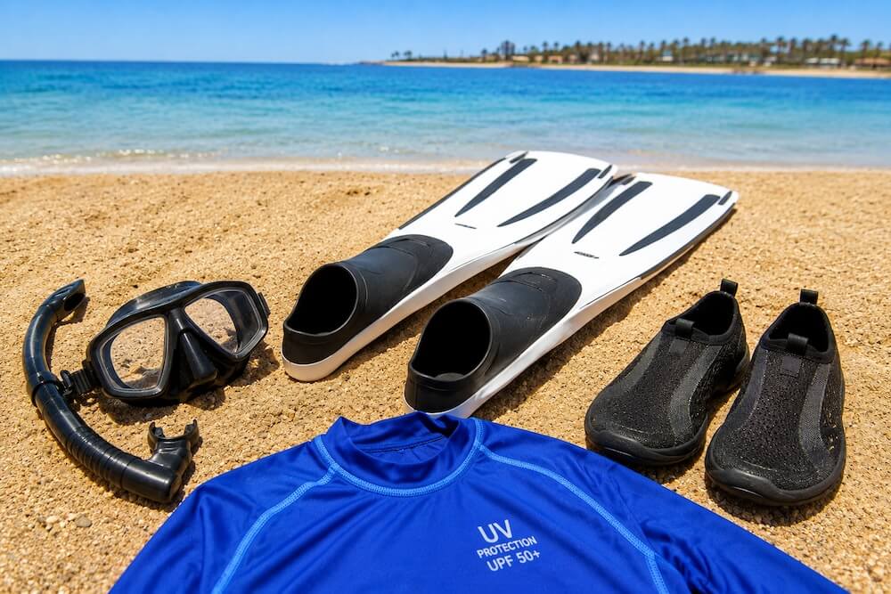 Sprzęt do snorkelingu i buty do wody na wakacje w Egipcie
