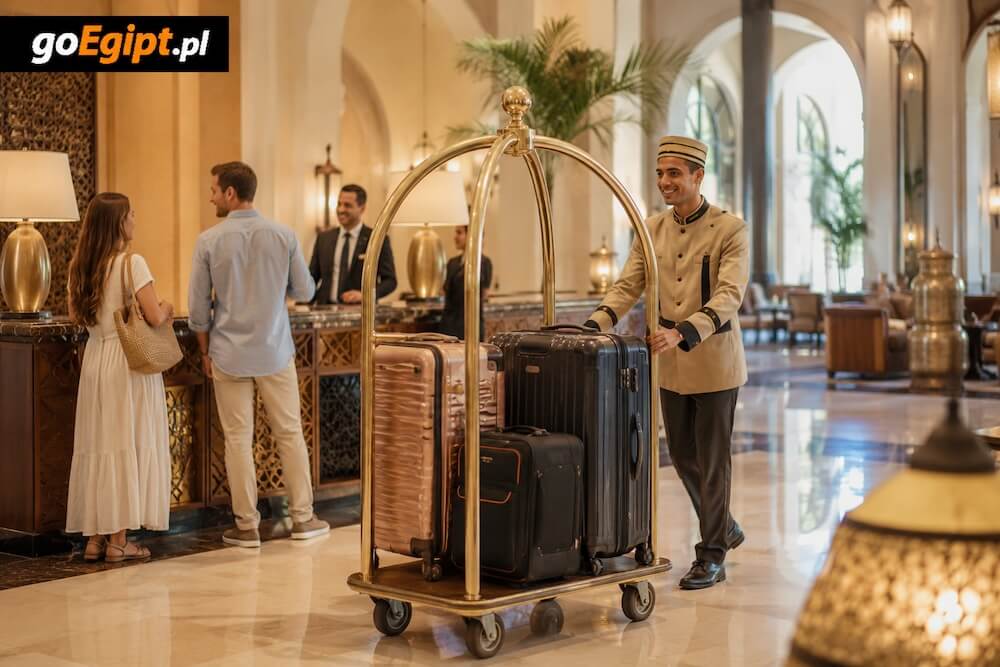 Bagaże w lobby hotelu w Egipcie i napiwek dla boy hotelowego