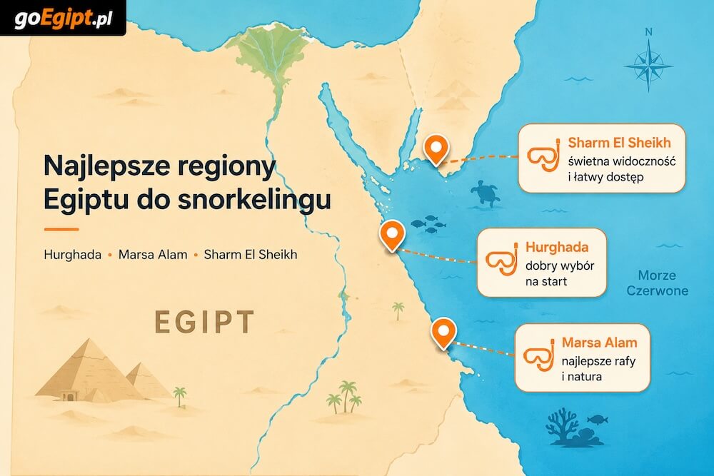 Mapa regionów Egiptu najlepszych do snorkelingu Hurghada Marsa Alam i Sharm El Sheikh