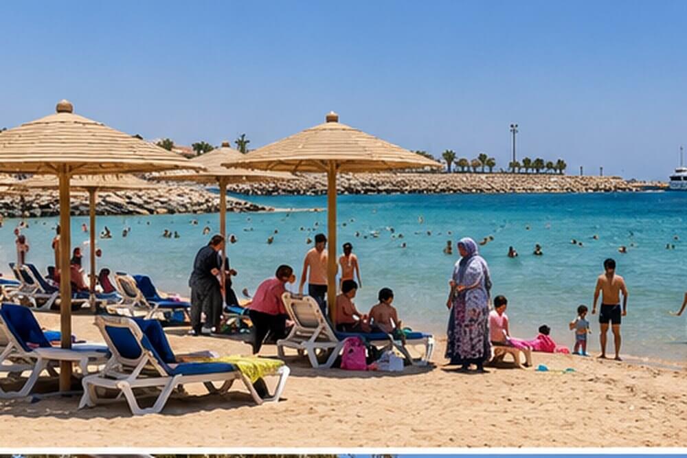 Publiczna plaża rodzinna z leżakami i parasolami w Hurghadzie