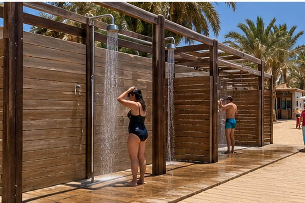 Prysznice i leżaki na miejskiej plaży w Hurghadzie