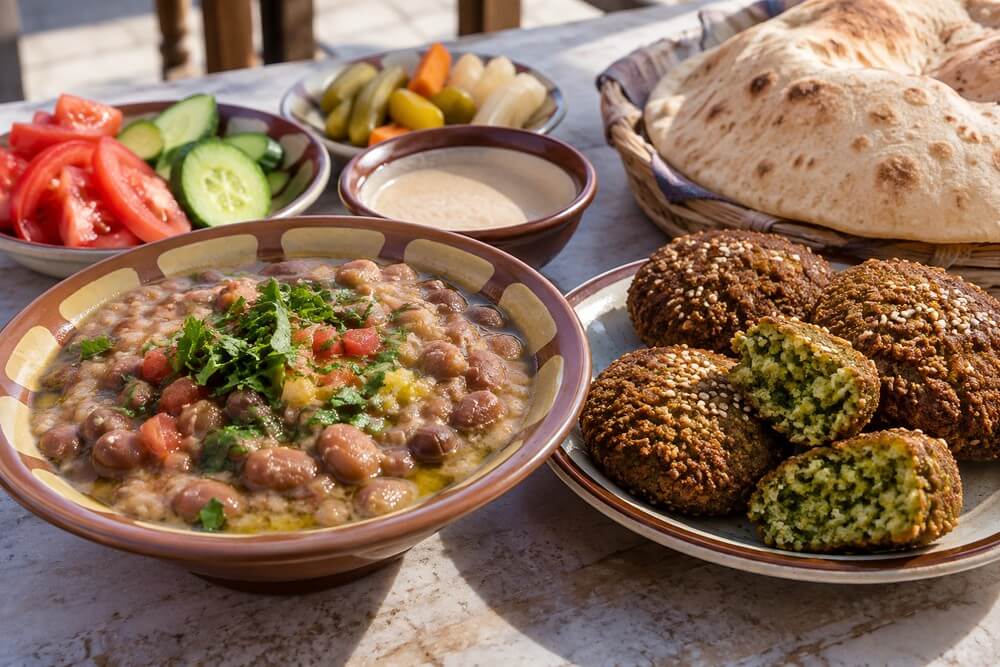 Egipskie śniadanie z ful medames, taameyą i pieczywem baladi