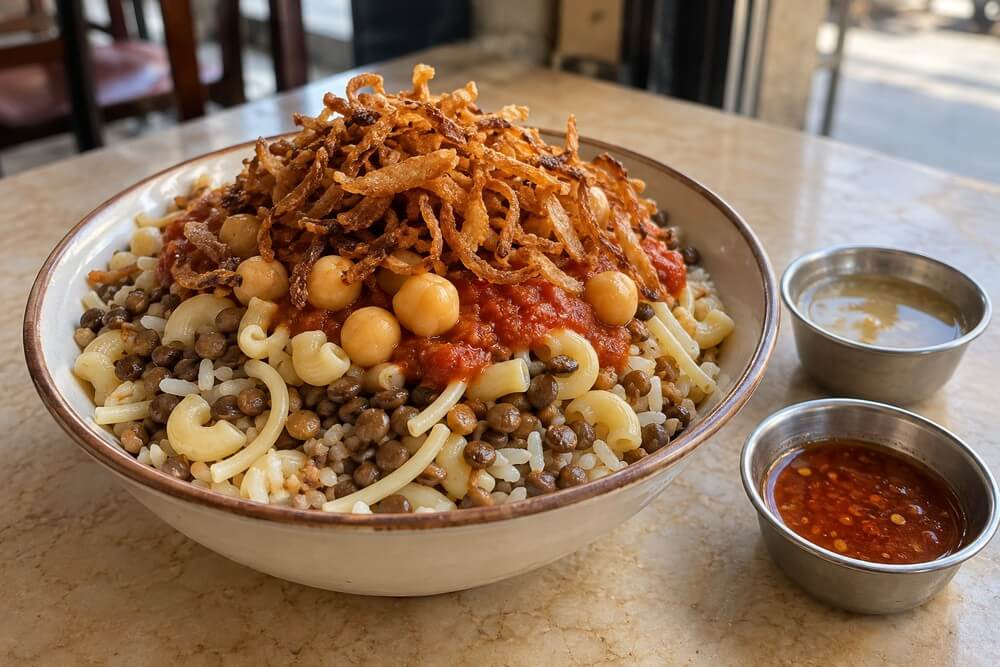 Koshari z ryżem, soczewicą, makaronem i smażoną cebulą