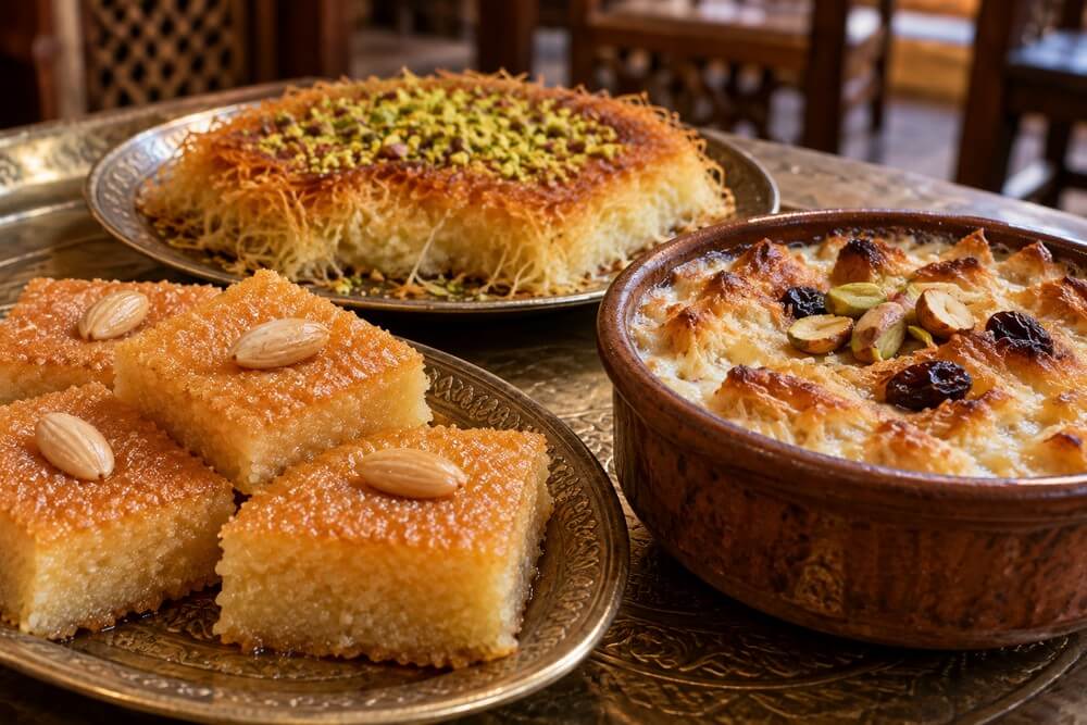 Egipskie desery basbousa, kunafa i Umm Ali