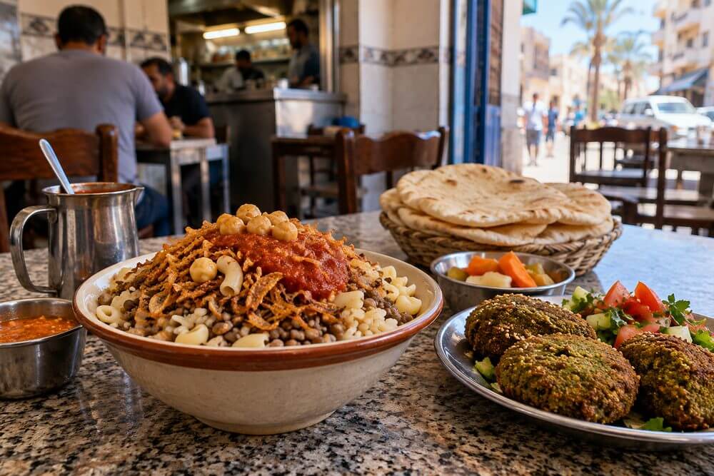 Koshari i taameya w lokalnym lokalu w Hurghadzie