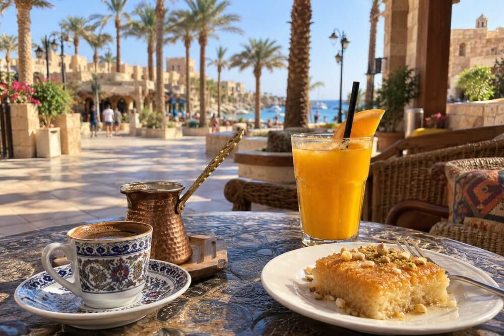 Kawa po turecku i świeży sok w kawiarni w Sharm el Sheikh