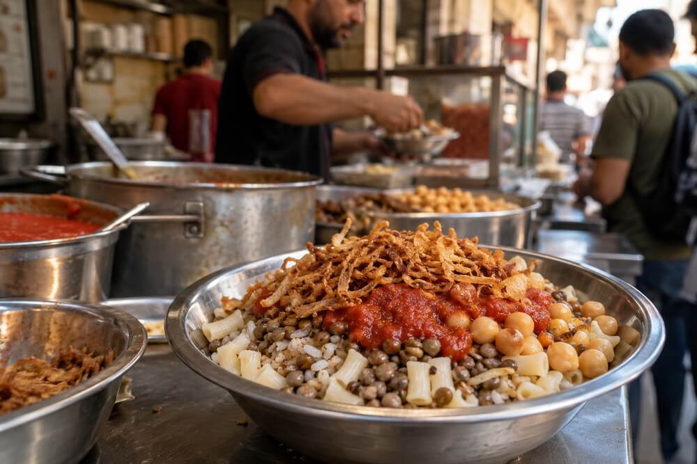Koshari podawane w małym egipskim lokalu ulicznym