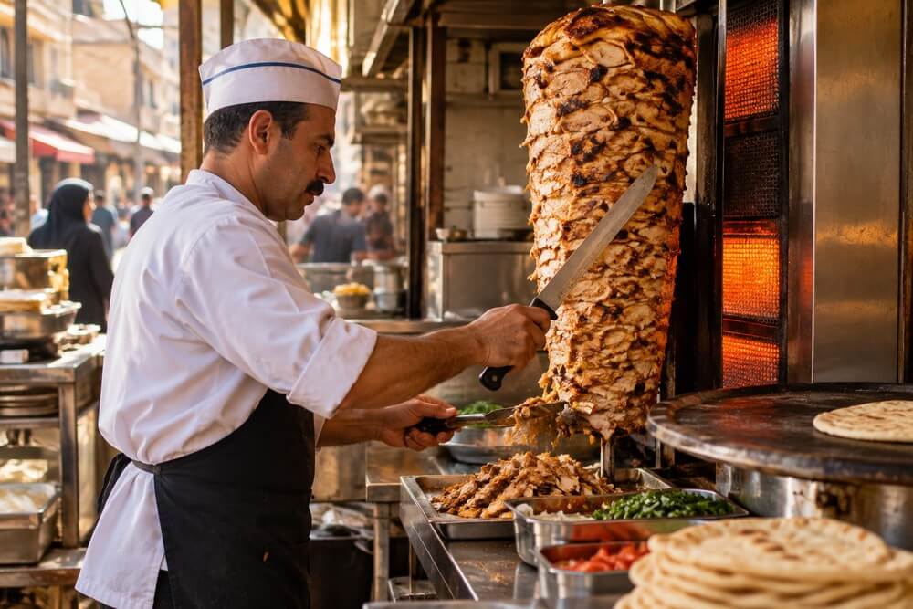 Shawarma pieczona na pionowym rożnie w Egipcie