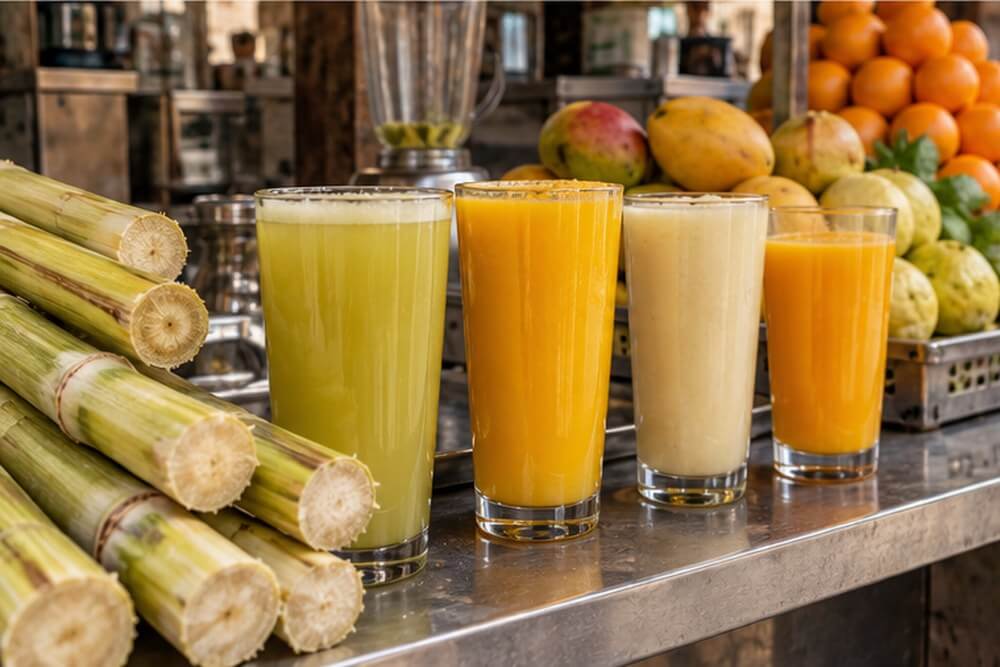 Świeże soki z mango gujawy i trzciny w egipskim barze