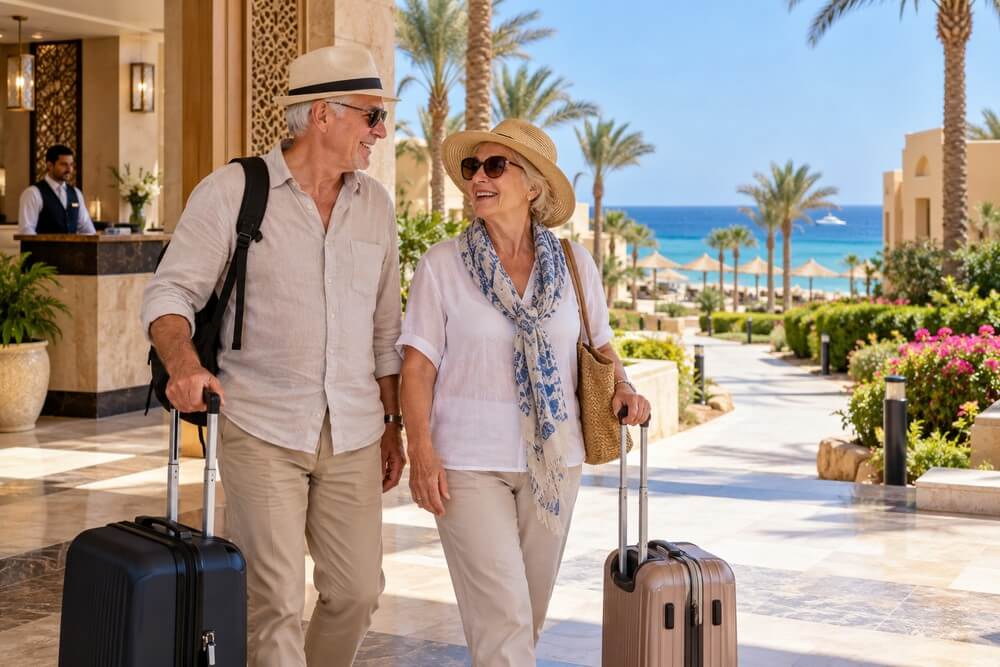 Seniorzy przy kompaktowym hotelu nad Morzem Czerwonym