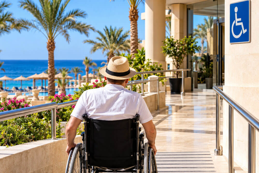 Osoba na wózku przy podjeździe do wejścia egipskiego hotelu