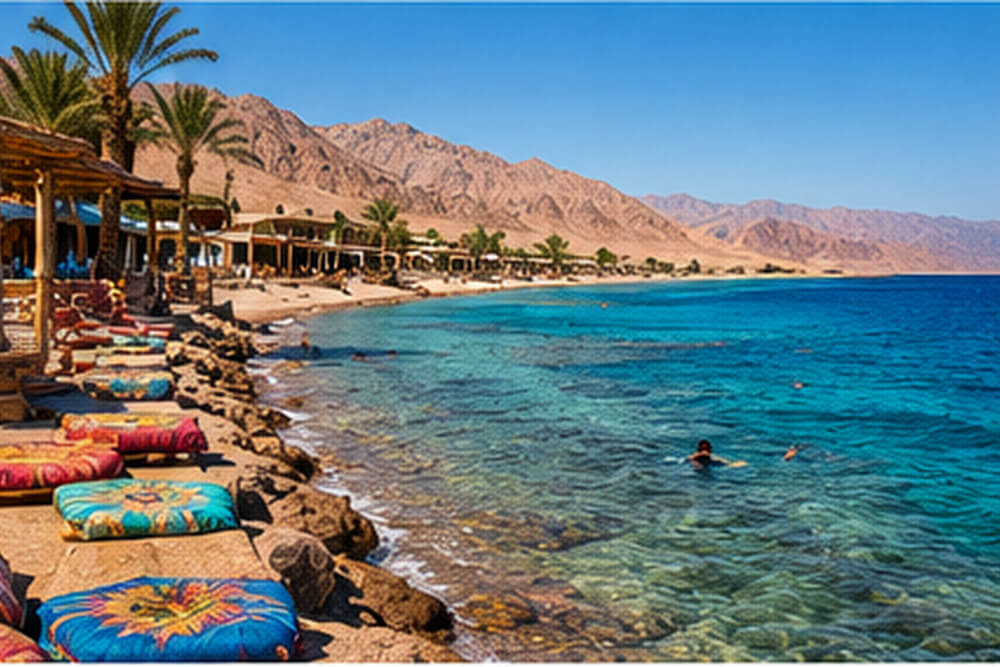 Kamienisty brzeg Dahab z kawiarniami nad turkusowym Morzem Czerwonym