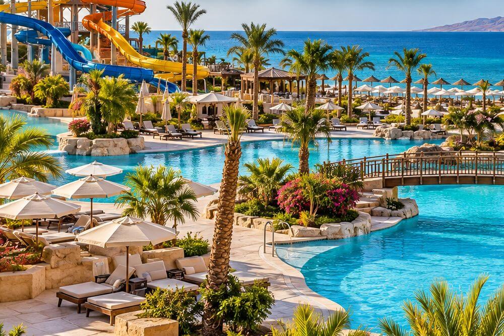 Aquapark z kolorowymi zjeżdżalniami przy dużym resorcie nad Morzem Czerwonym