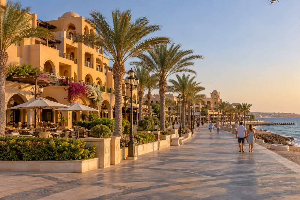 Hotel przy promenadzie w Sahl Hasheesh o zachodzie słońca