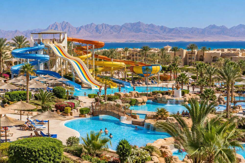 Aquapark z kolorowymi zjeżdżalniami i basenami w hotelu w Nabq Bay