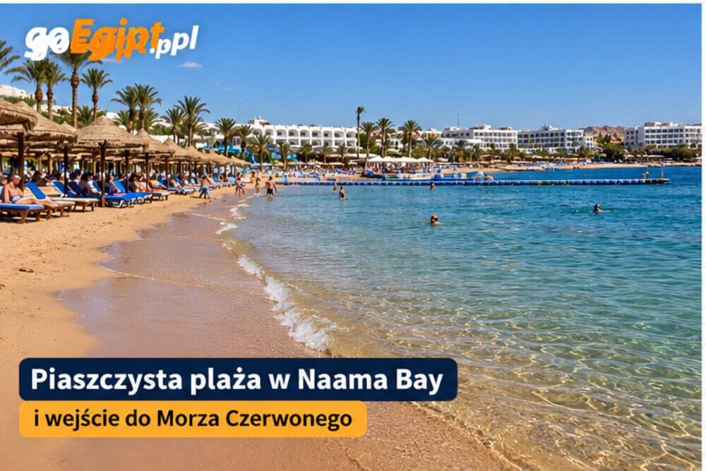 Piaszczysta plaża w Naama Bay i wejście do Morza Czerwonego