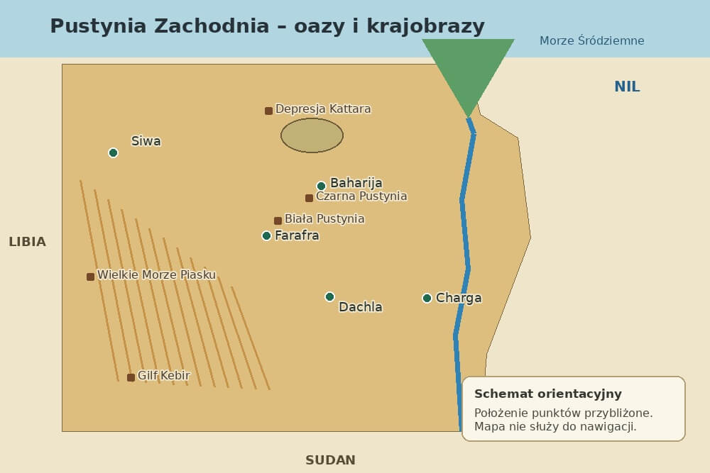 Mapa oaz i krajobrazów Pustyni Zachodniej w Egipcie