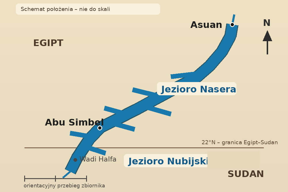 Mapa Jeziora Nasera od Asuanu do Abu Simbel i Sudanu