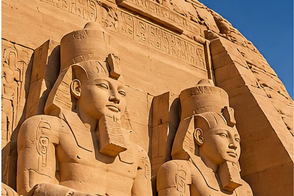 Kolosalne posągi Ramzesa II przed świątynią Abu Simbel