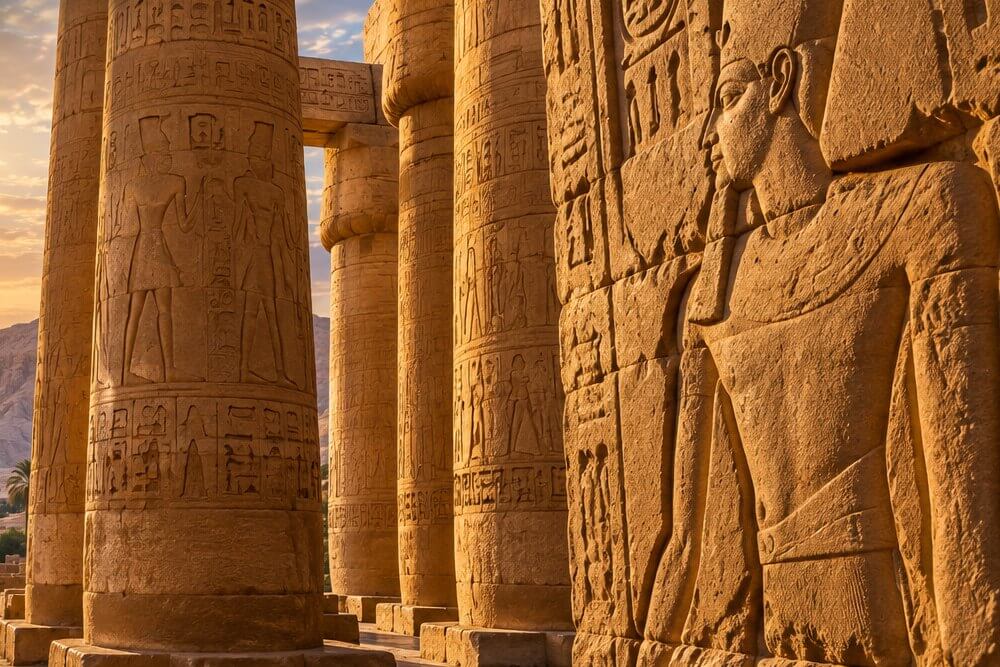 Kolumny i monumentalny relief faraona w świątyni Karnak