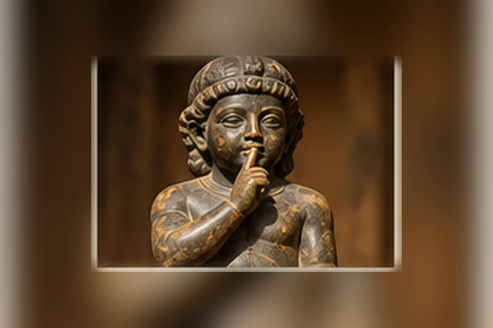 Wizualizacja Harpokratesa jako dziecka z palcem przy ustach