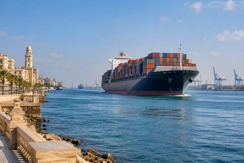 Statek przepływający Kanałem Sueskim obok Port Said