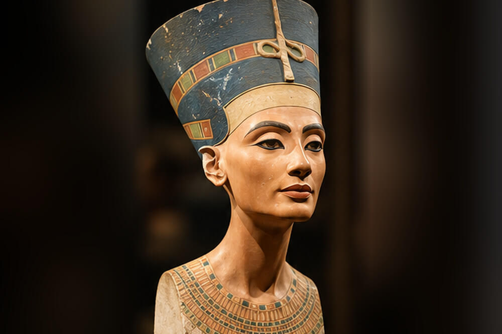 Rekonstrukcja popiersia Nefertiti w niebieskiej koronie w muzeum