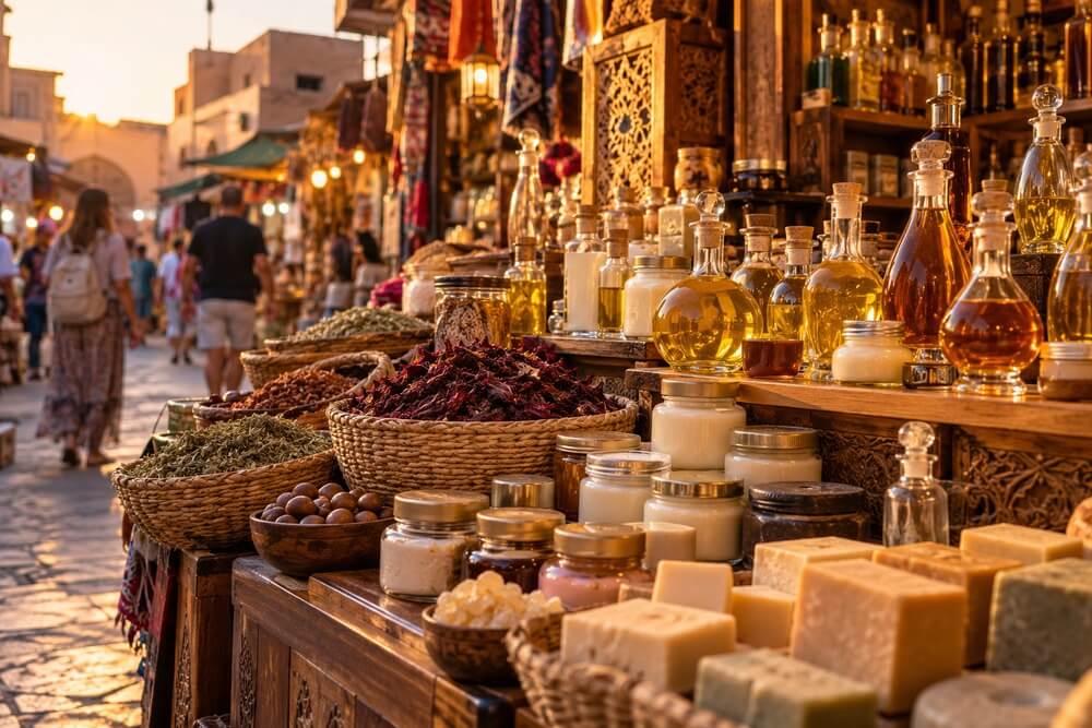 Kosmetyki i olejki na stoisku bazarowym w Egipcie