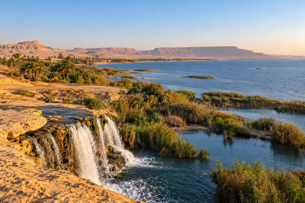 Wodospady Wadi el-Rayan między jeziorami na pustyni Fajum