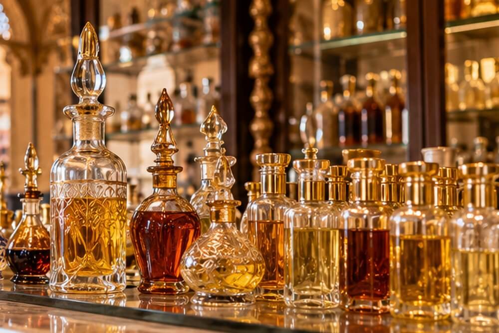 Szklane flakony z olejkami zapachowymi w egipskiej perfumerii