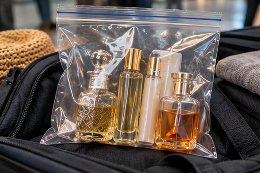 Małe butelki perfum w przezroczystej torbie do kontroli bezpieczeństwa