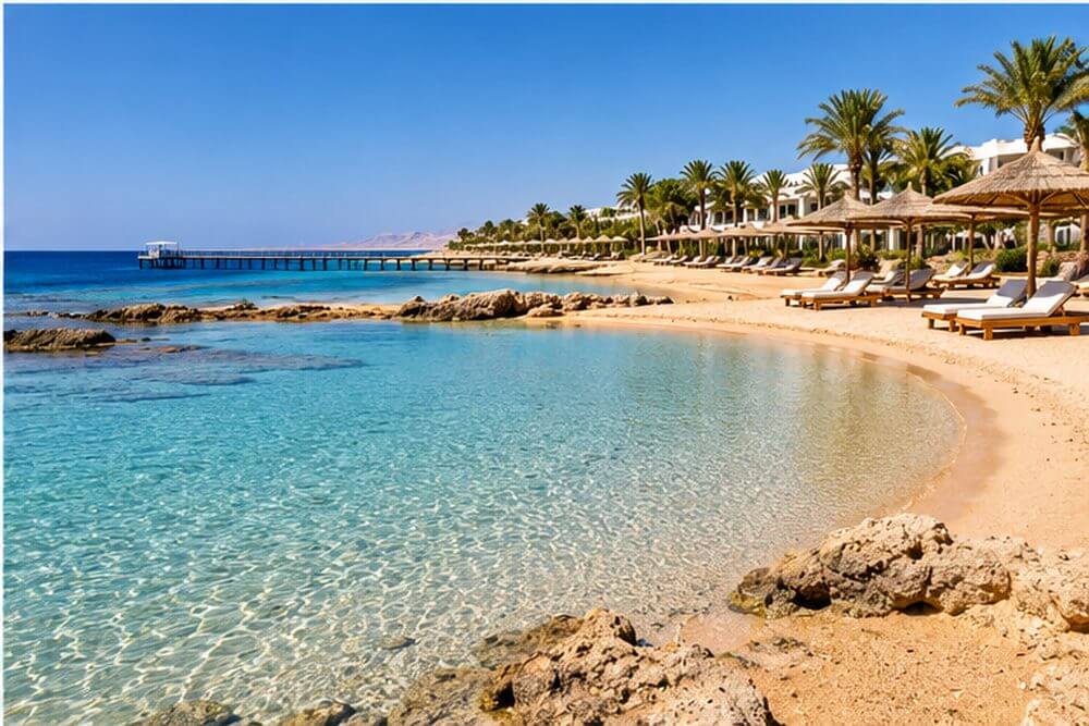 Plaża i laguna przy hotelach w Montazah