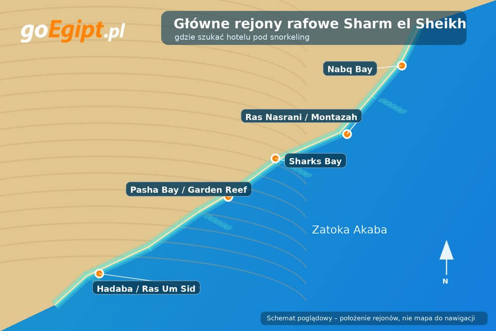 Mapa rejonów Sharm el Sheikh z rafami przy hotelach