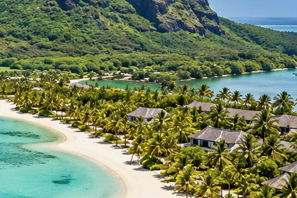 Piaszczysta plaża i palmy nad laguną Mauritiusa