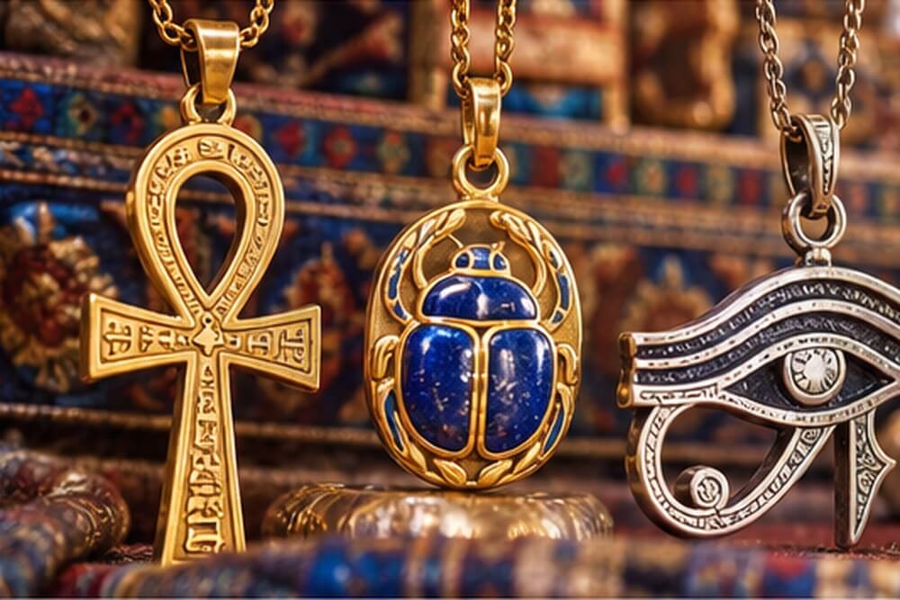 Złota i srebrna biżuteria z egipskimi symbolami w gablocie