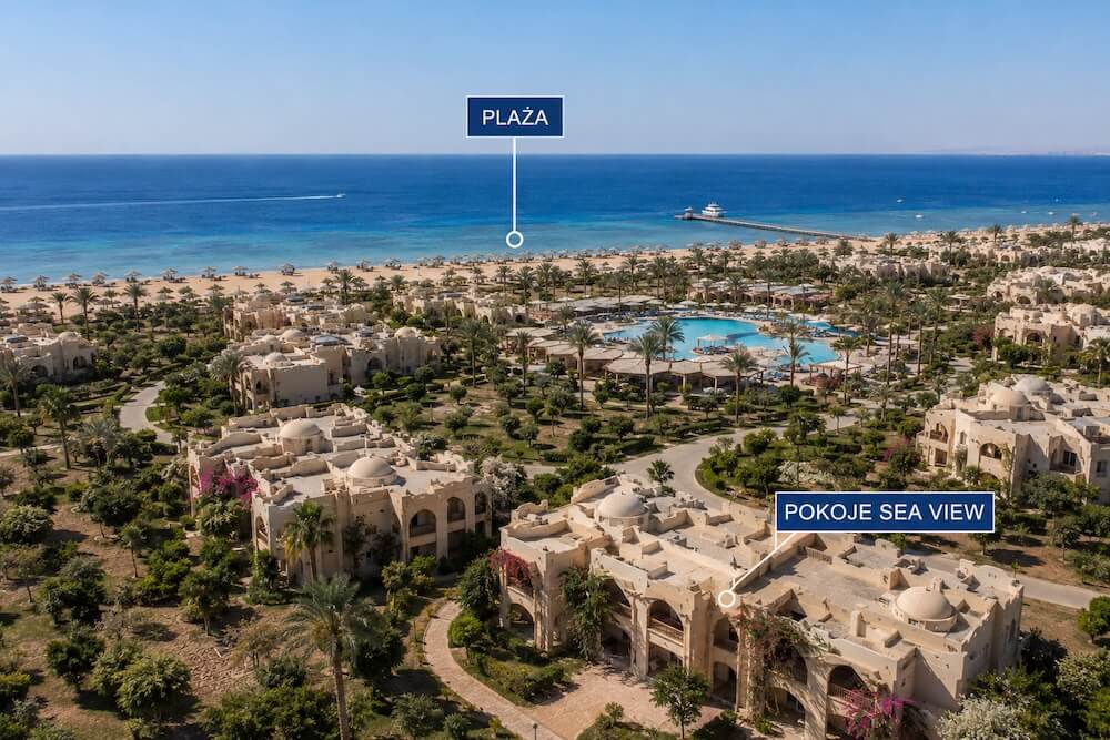 Duży resort hotelowy w Egipcie z pokojami sea view oddalonymi od plaży