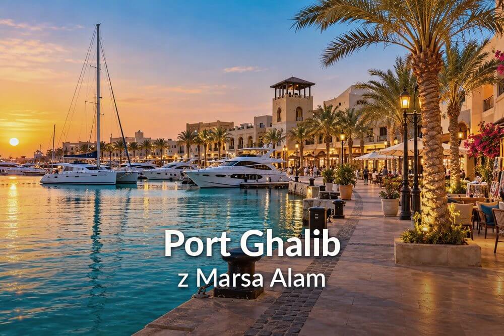 Marina Port Ghalib o zachodzie słońca, z zacumowanymi jachtami, palmami oraz promenadą z kawiarniami i sklepami