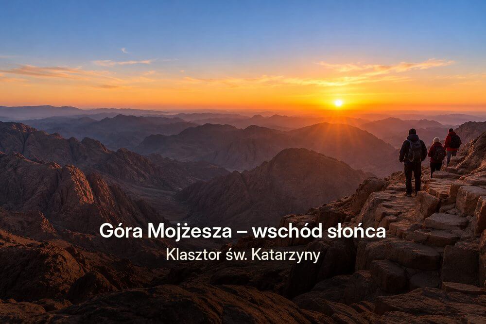 Wschód słońca nad skalistymi górami Synaju i turyści na kamiennym szlaku prowadzącym na Górę Mojżesza