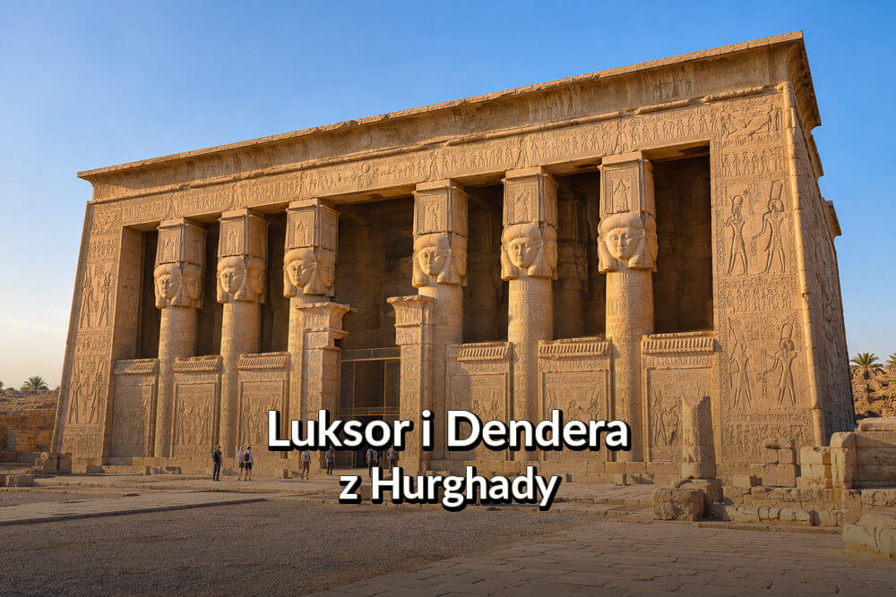 Wizualizacja monumentalnej fasady świątyni Hathor w Denderze z kolumnami ozdobionymi głowami bogini i hieroglificznymi reliefami