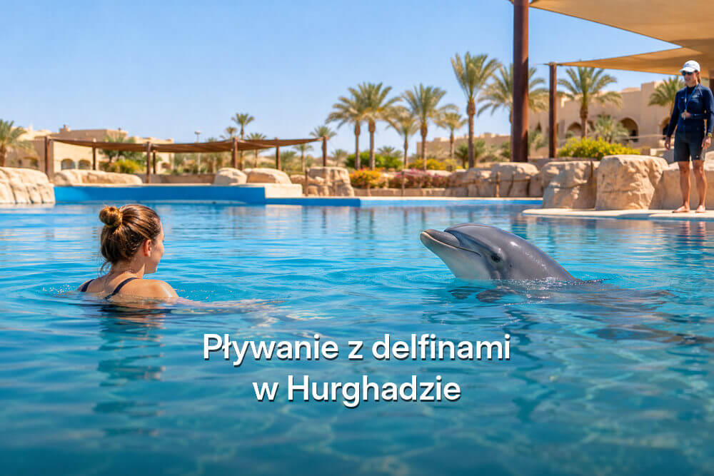 Uczestniczka sesji pływania z delfinami w basenie delfinarium, z instruktorem obserwującym spotkanie z brzegu