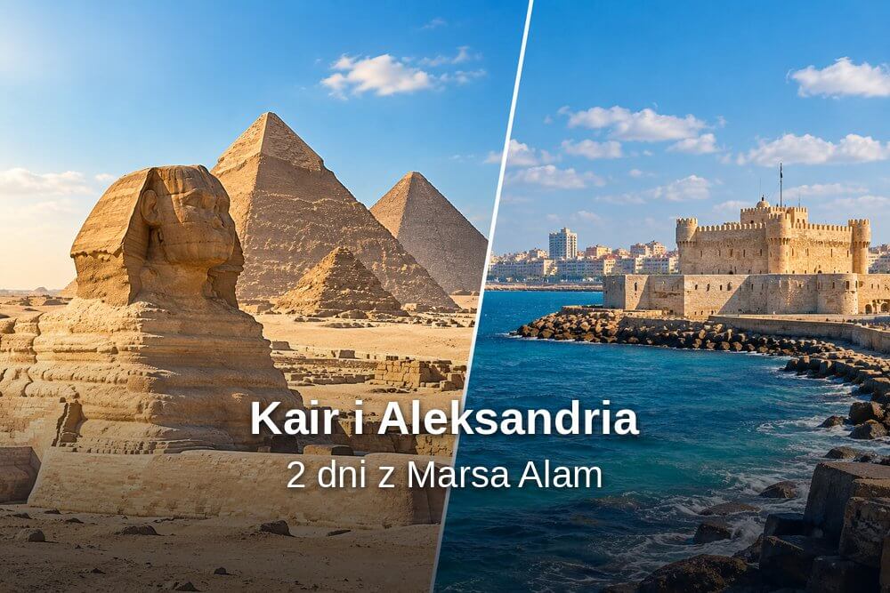 Sfinks i piramidy w Gizie zestawione z widokiem nadmorskiego fortu Qaitbay w Aleksandrii