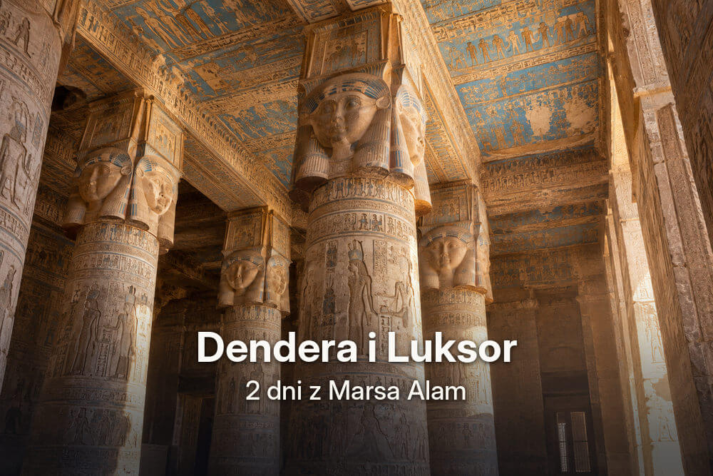 Ilustracyjne ujęcie wnętrza świątyni Hathor w Denderze z monumentalnymi kolumnami i barwnymi dekoracjami sufitu